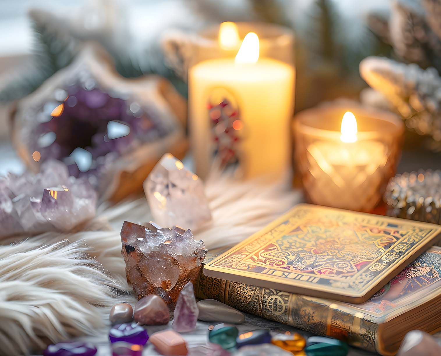 Tarot cards, crystals, candles