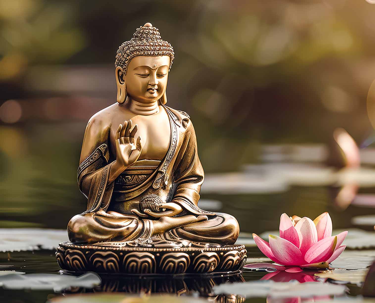 Buddha on pond with pink lotus